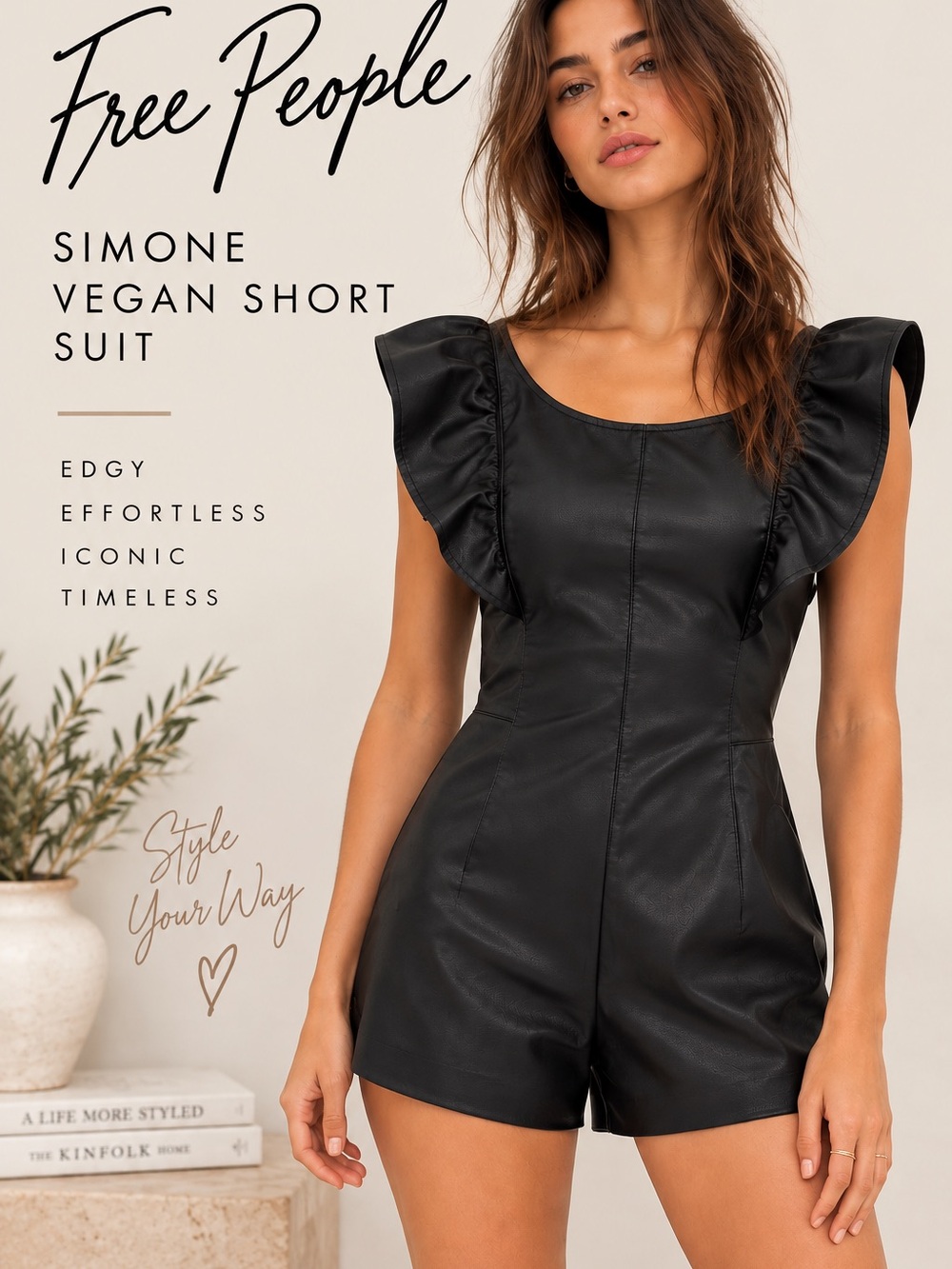 Free People Simone Vegan Short Suit Black Faux Leather Romper XS